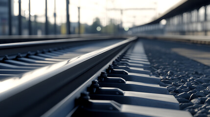 Metallic train tracks stretch into the distance, supported by gravel and leading towards a station under the soft glow of sunlight, promising travel and connectivity.