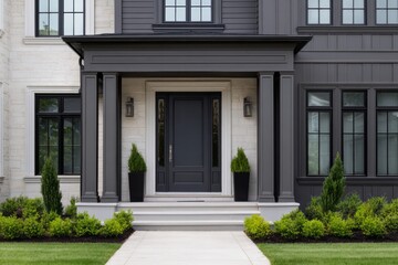 Fototapeta premium Elegant modern house entrance with manicured landscaping.