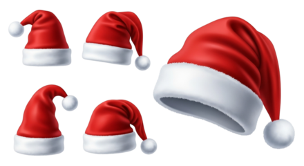A composition of six red santa hats with white trim and pompoms, featuring different angles and styles, arranged on a transparent background, isolated on transparent background
