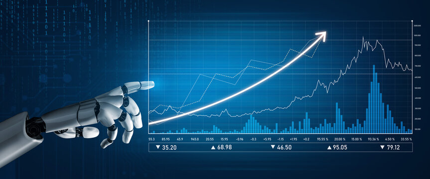 Robotic hand interacts with digital financial data charts, showcasing upward trends in stock market performance, emphasizing technology and data analysis in finance. Scalp