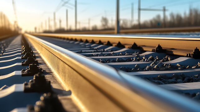 Endless Journey: A close-up view of railway tracks bathed in the warm glow of a setting sun. The converging lines lead to the horizon, symbolizing infinite possibilities on the rails.