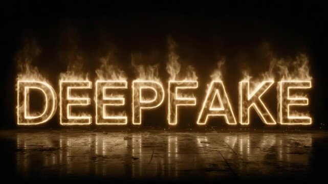 Large, glowing, 3D letters "DEEPFAKE" with a fiery, smoky effect against a dark background.  A reflective, textured floor is visible below
