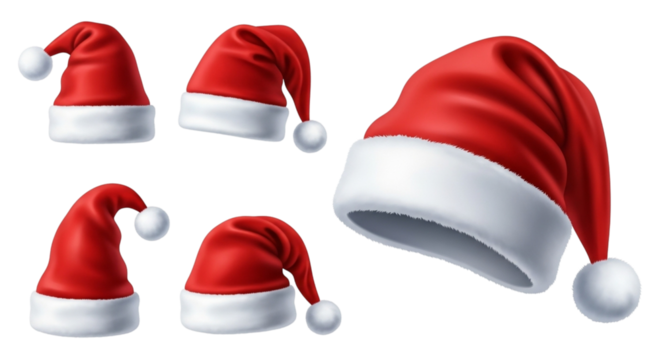 A composition of six red santa hats with white trim and pompoms, featuring different angles and styles, arranged on a transparent background, isolated on transparent background