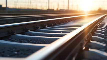 Converging rail tracks stretch into the horizon, illuminated by the warm glow of the setting sun. The close-up perspective emphasizes the parallel rails and the gravel ballast.