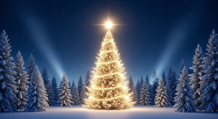 Naklejka premium Glowing christmas tree illuminating a serene winter landscape beneath a starry sky, sparkling with festive cheer on transparent background