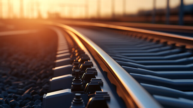 Metal tracks recede into a golden sunset, their parallel lines converging towards the horizon, promising journeys and endless possibilities in travel on the rails.