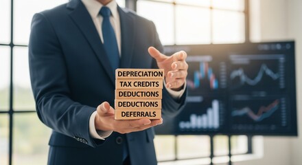 Business Concept: Visualizing Financial Jargon, a professional elegantly presents a set of wooden blocks with key financial terms.