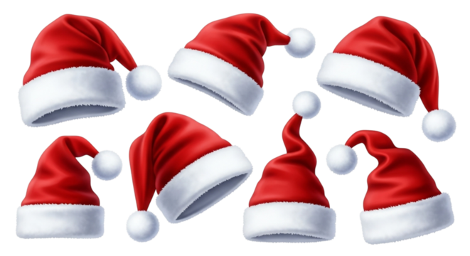 Group of red santa hats with white fur trim and pompom, isolated on transparent background