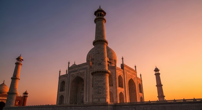 Taj mahal at sunrise: stunning architecture and warm glow