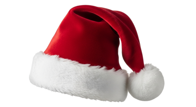 A classic red santa hat with white trim and a fluffy pompom, isolated on a transparent background