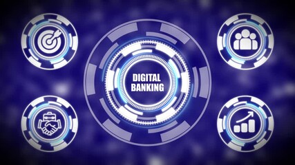 Futuristic Digital Banking Interface with Glowing Blue HUD Elements and Icons on a Dark Blurred Background - Powered by Adobe