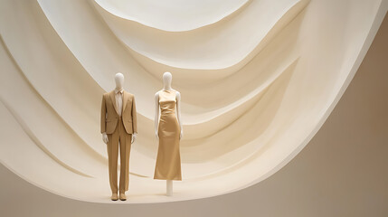 Sophisticated ensemble: mannequin pair in tan suit and dress against undulating white backdrop evokes timeless elegance and minimalist aesthetic, highlighting tailored style.