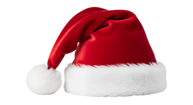 A classic red santa hat with white trim and a fluffy pompom, isolated on a transparent background, perfect for holiday and christmas themes