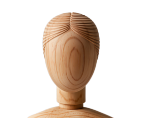 Wooden abstract human head sculpture with textured hair design