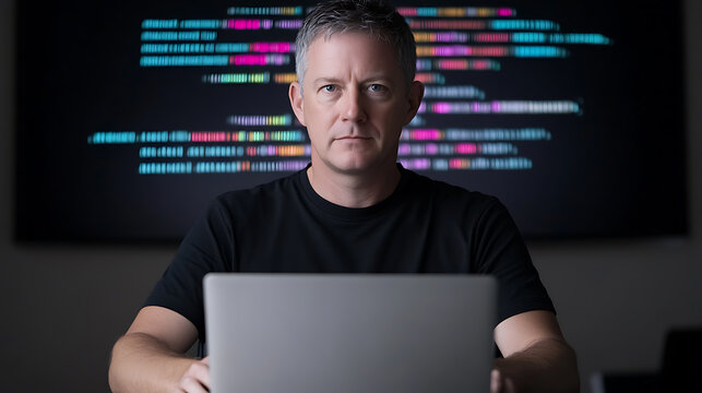 A focused coder works diligently at their laptop, illuminated by the glow of code displayed on the screen behind. The intense gaze suggests concentration, immersed in development.