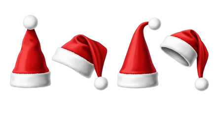 Four red santa hats with white trim and pompoms, each at a different angle, isolated on transparent background