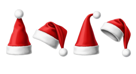 Four red santa hats with white trim and pompoms, each at a different angle, isolated on transparent background