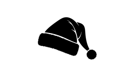 Black silhouette of a single santa hat with white trim and a pompom, isolated on a transparent background