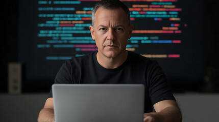 Focused programmer working on a laptop with code displayed in the background, creating the next big thing. A coding expert dedicated to improving technology.