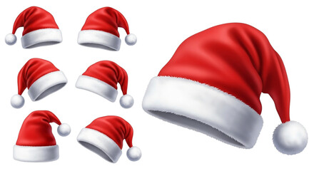 Collection of six red santa hats with white trim and pompoms, isolated on transparent background, plus a larger single santa hat on the right, isolated on transparent background