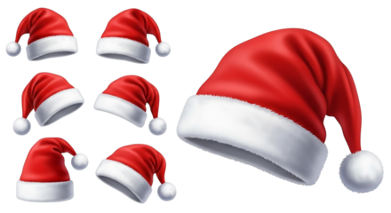 Collection of six red santa hats with white trim and pompoms, isolated on transparent background, plus a larger single santa hat on the right, isolated on transparent background