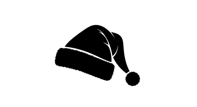 Black silhouette of a single santa hat with white trim and a pompom, isolated on a transparent background