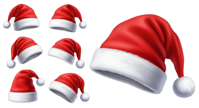 Collection of six red santa hats with white trim and pompoms, isolated on transparent background, plus a larger single santa hat on the right, isolated on transparent background