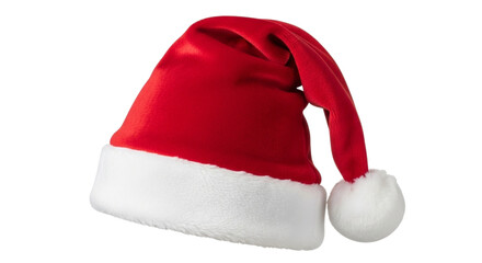 A classic red santa hat with a white fluffy trim and pompom, isolated on a transparent background