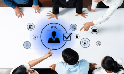 A team of diverse professionals collaborates on the KYC process at a modern office setting, utilizing digital tools and icons to enhance communication and efficiency. Trope