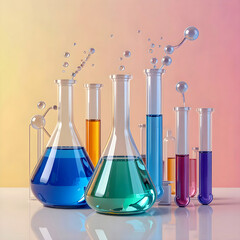 Vibrant chemistry glassware filled with colorful liquids and bubbling reactions on a reflective surface. Perfect for science, research, education, or laboratory-related concepts and backgrounds.