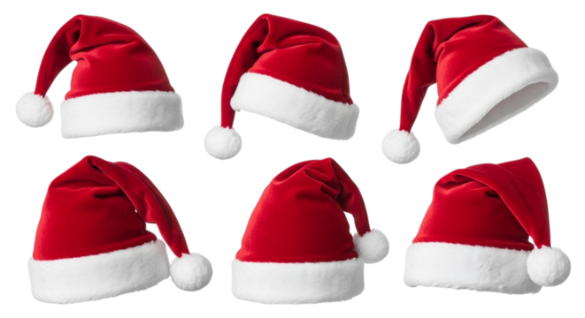 A collection of six red santa hats with white trim and pompoms, each at a slightly different angle, isolated on a transparent background - Powered by Adobe