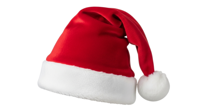 A classic red santa hat with a white fluffy trim and pompom, isolated on a transparent background