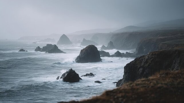 Landscape photograph of a rocky coastline. the sky is overcast and the water is choppy with small waves crashing against the rocks.