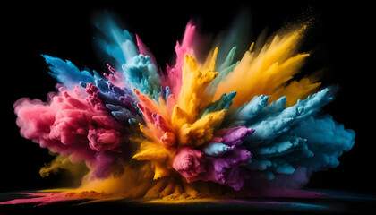 A vibrant, colorful powder explosion creates a stunning abstract design. Perfect for adding energy and excitement to creative marketing campaigns and artistic endeavors.