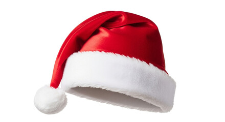 A classic red santa hat with white trim and a fluffy pompom, isolated on a transparent background, perfect for holiday and christmas themes