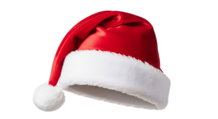 A classic red santa hat with white trim and a fluffy pompom, isolated on a transparent background, perfect for holiday and christmas themes