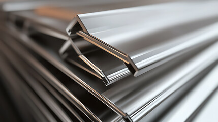 Stack of metal angle bars with a shiny, reflective surface, close-up abstract emphasizing the geometric shapes and metallic texture. Industrial materials displayed.