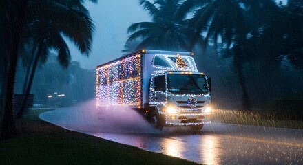 A festive delivery truck adorned with colorful lights drives through a rainy tropical night, splashing water on the wet road
