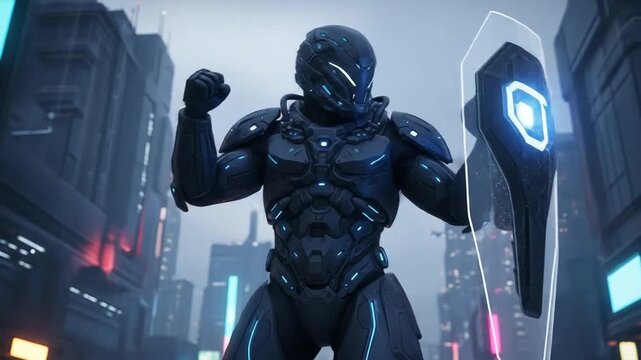Futuristic Cyberpunk Enforcer Standing Guard Amidst a Dystopian Megacity Scape