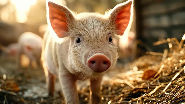 Curious Piglet Exploring Sunny Farmyard Path At Sunset
