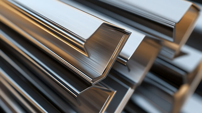A close-up image showcasing a stack of shiny, metal bars, possibly aluminum or steel, arranged in a neat, organized manner. The reflective surfaces create a depth illusion. - Powered by Adobe