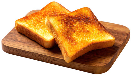 Fototapeta premium Toasted bread slice on wooden board, golden brown, crispy texture, breakfast food, isolated, appetizing look
