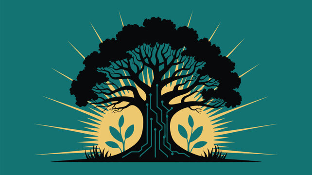 Modern tech tree illustration symbolizing nature and technology integration, ideal for eco-friendly innovation and futuristic design concepts now!
