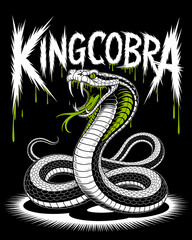 Bold illustration of a fierce king cobra with open fangs, dripping green venom, and stylized text. Striking black, white, and green design ideal for apparel, tattoo, or poster artwork.