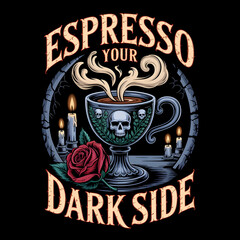 Gothic-style coffee illustration featuring a skull cup, candles, and red rose with the phrase “Espresso Your Dark Side.” Perfect for dark humor, coffee lovers, or gothic-themed designs.