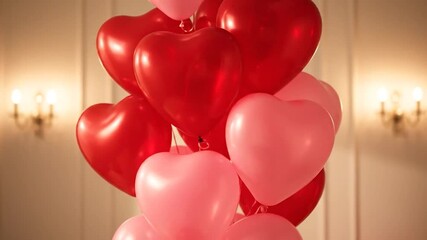 Bunch of red and pink heart-shaped balloons with elegant room in background - Powered by Adobe