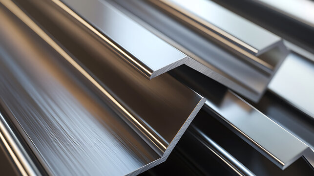 A mesmerizing close-up showcases the sleek geometry of metallic profiles, reflecting light with sharp precision. The texture & composition evoke a sense of modern construction.