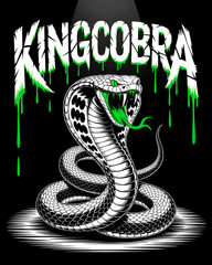 Striking illustration of a fierce king cobra with open fangs and dripping green text design on a black background. Bold and detailed artwork perfect for apparel, tattoo, or poster design.