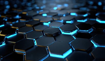 Obraz premium Abstract close-up of numerous dark hexagonal tiles, glowing with blue and yellow light underneath