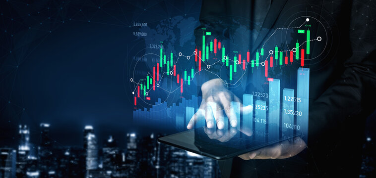A finance professional uses a tablet to showcase stock market data visualization, highlighting growth trends and investment opportunities in an urban setting at night. Scalp